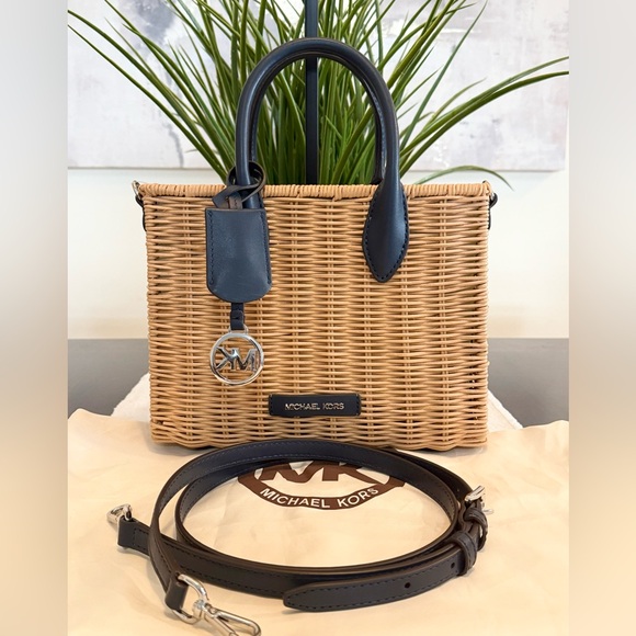 Michael Kors Handbags - Michael Kors Mirella Navy Trim Wicker Tote Crossbody